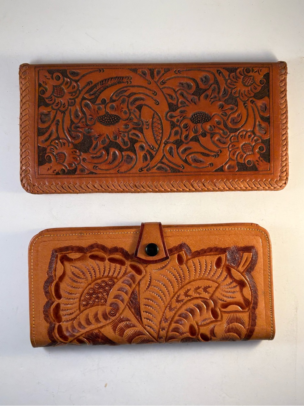 Vtg Hand Tooled Leather Wallet & Checkbook Cover Western Boho Floral Mexico USA‎